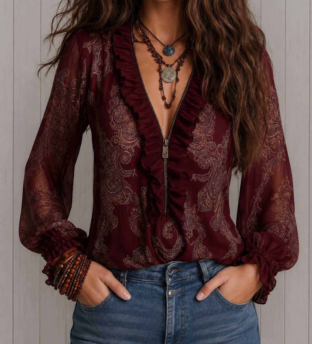 Elise | Blusa de Chiffon com Renda Barroca e Zíper