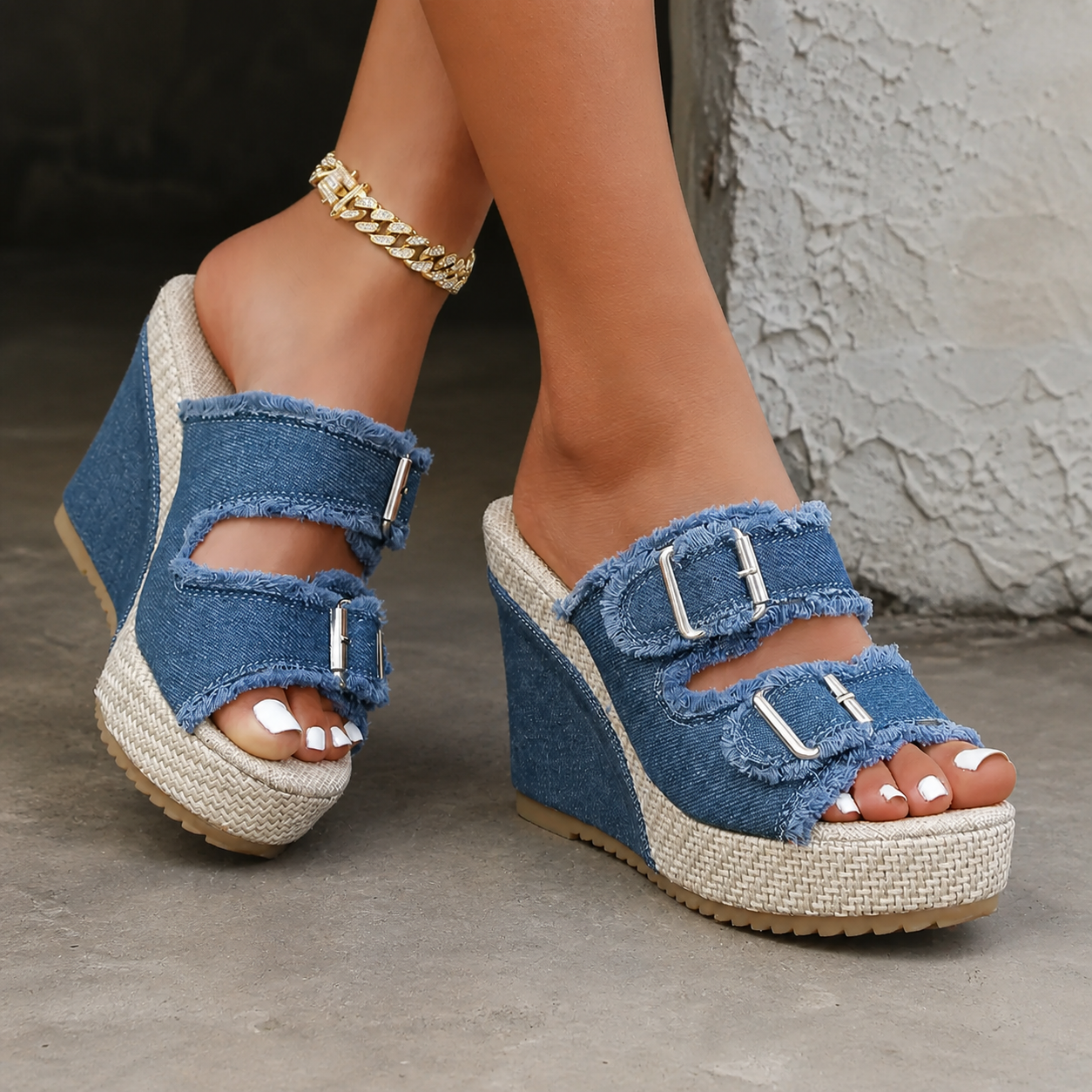 Atelier | Sandálias de Salto Wedge com Borda Desfiada