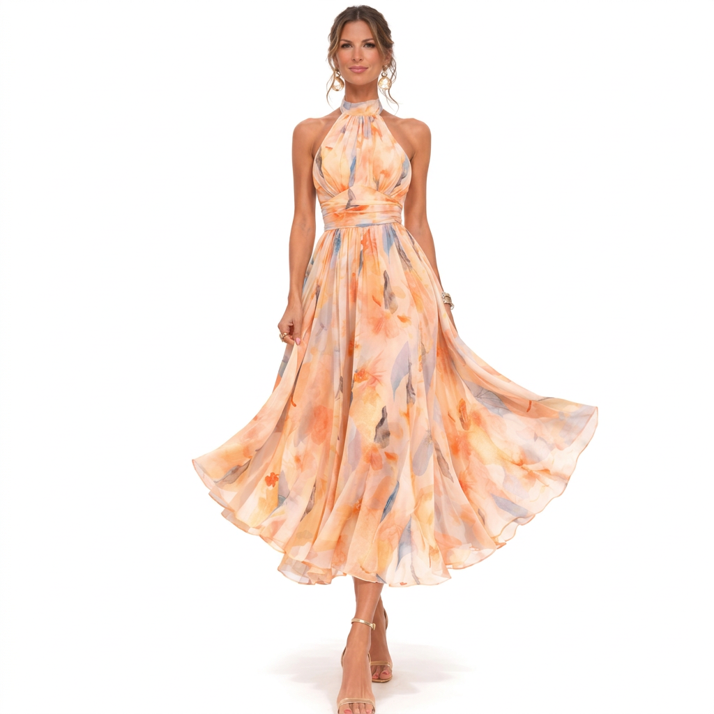 Monica – Vestido Midi Halter com Padrão Floral