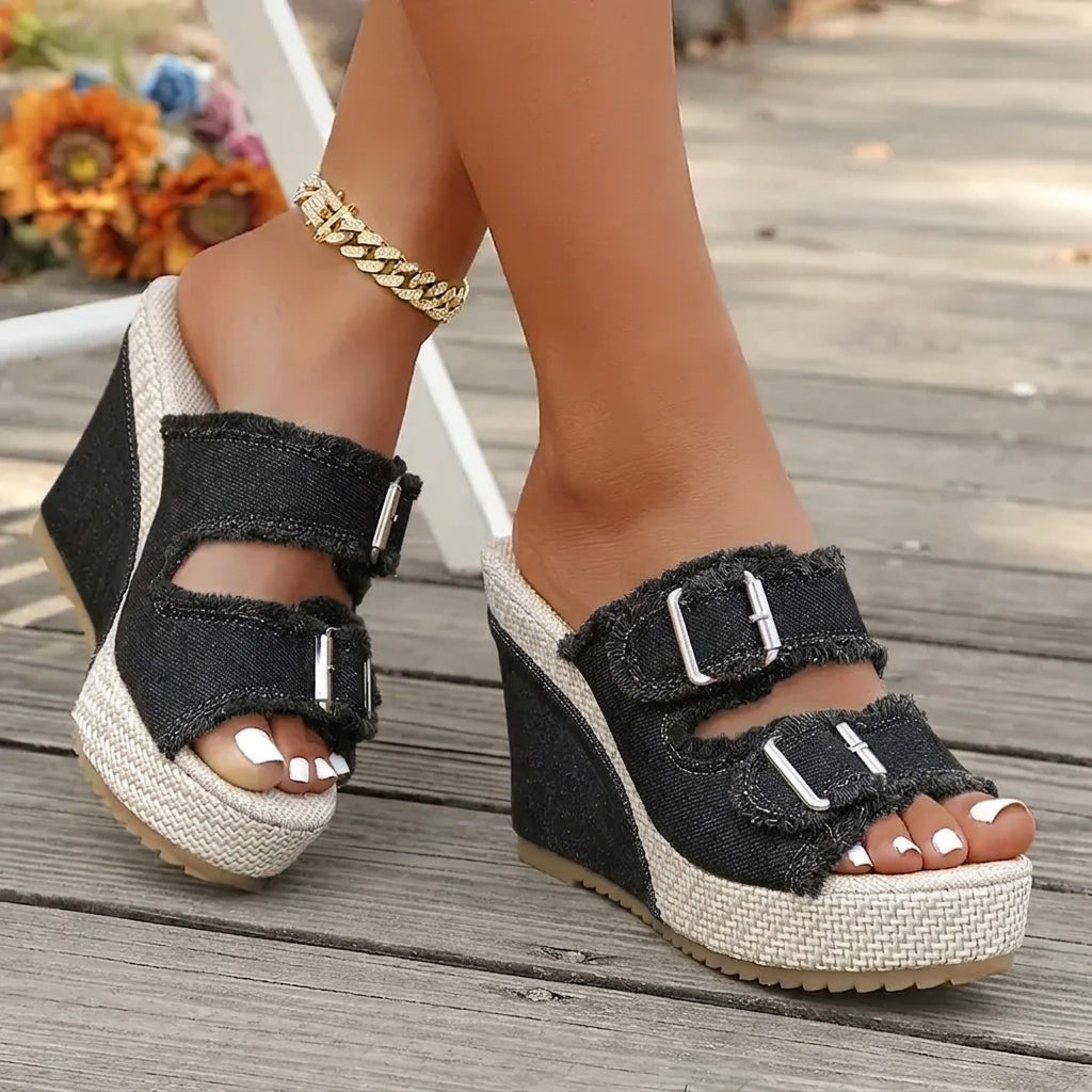 Atelier | Sandálias de Salto Wedge com Borda Desfiada